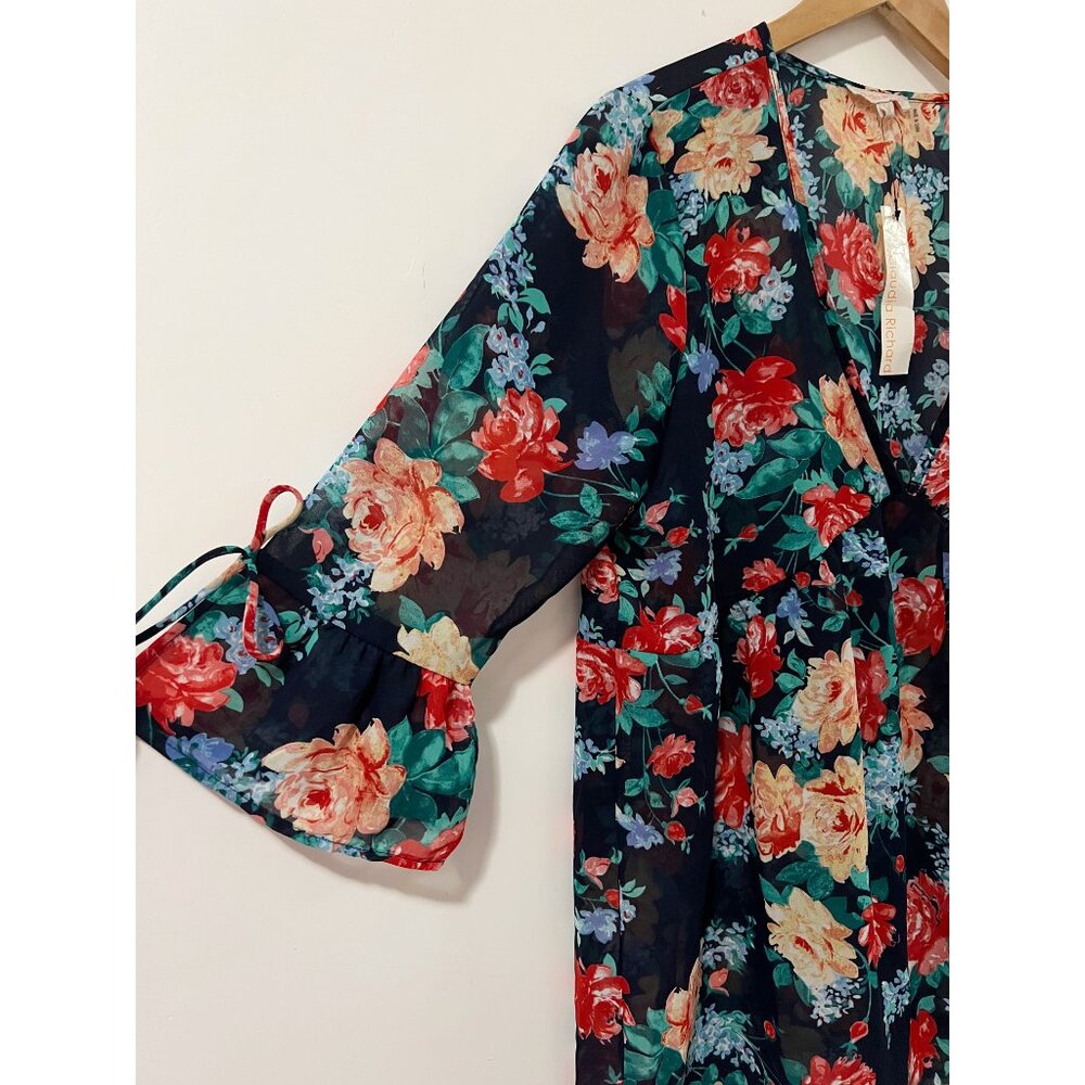 Claudia Richard Navy Floral Lightweight Sheer Oversized Blouse Size Medium - Picture 3 of 7